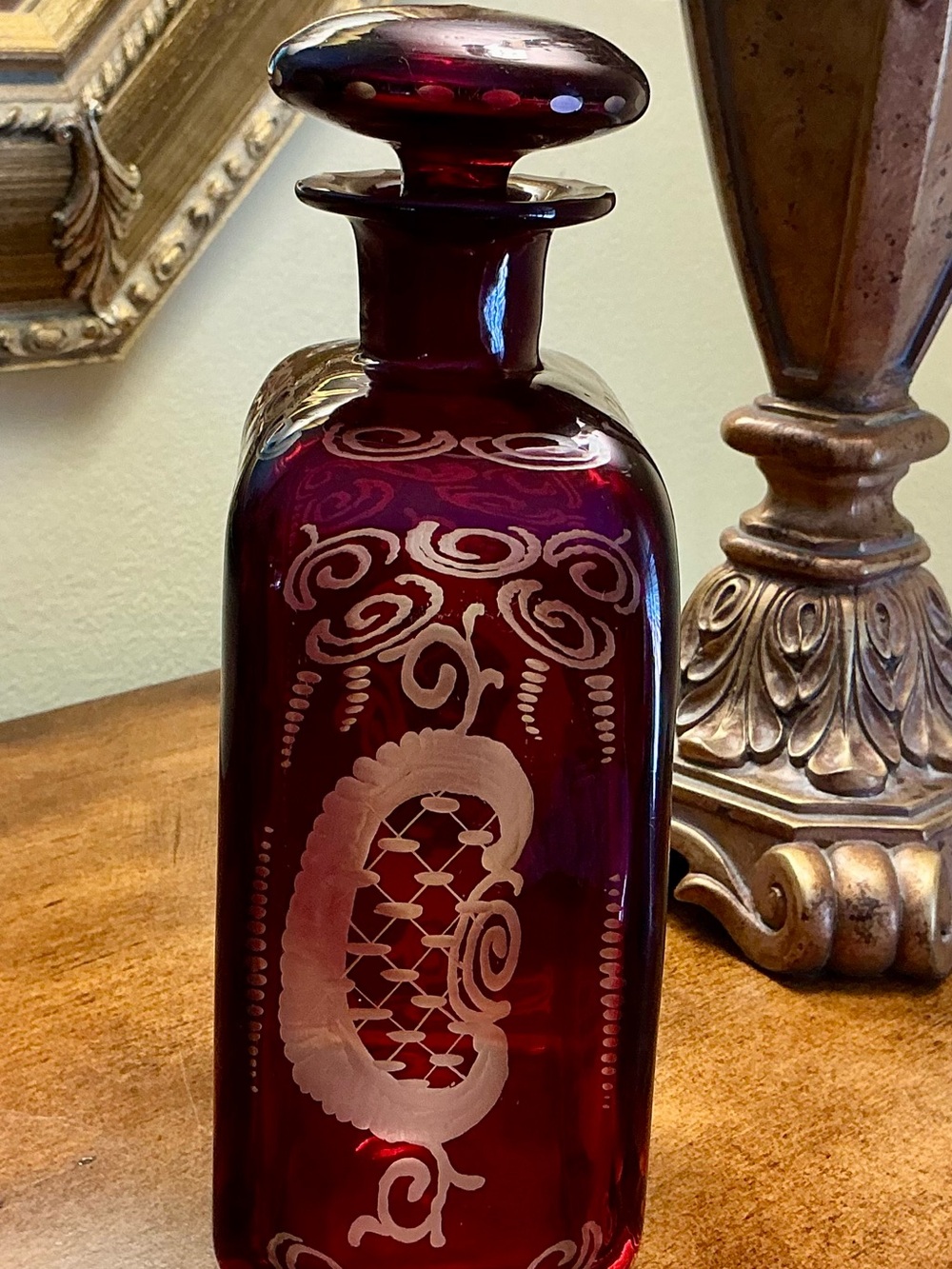 Bohemian Egermann Ruby Red Cut to Clear Glass Decanter with Stopper - Picture 4 of 8